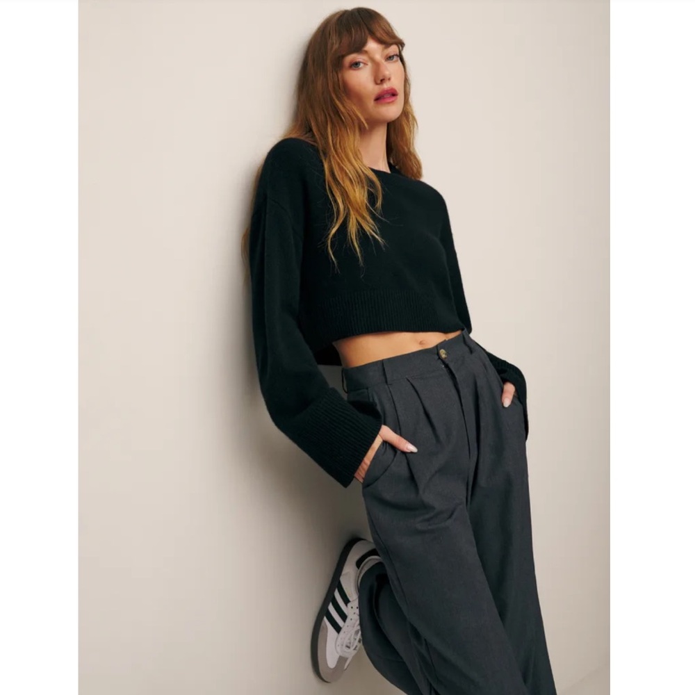 NEW Reformation Paloma Cropped Cashmere Crew Neck Sweater Black XS